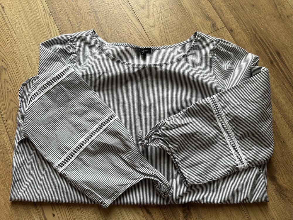 Talbots Top Women’s Gray Micro Striped Embroidered Lace Trim 100% Cotton Large